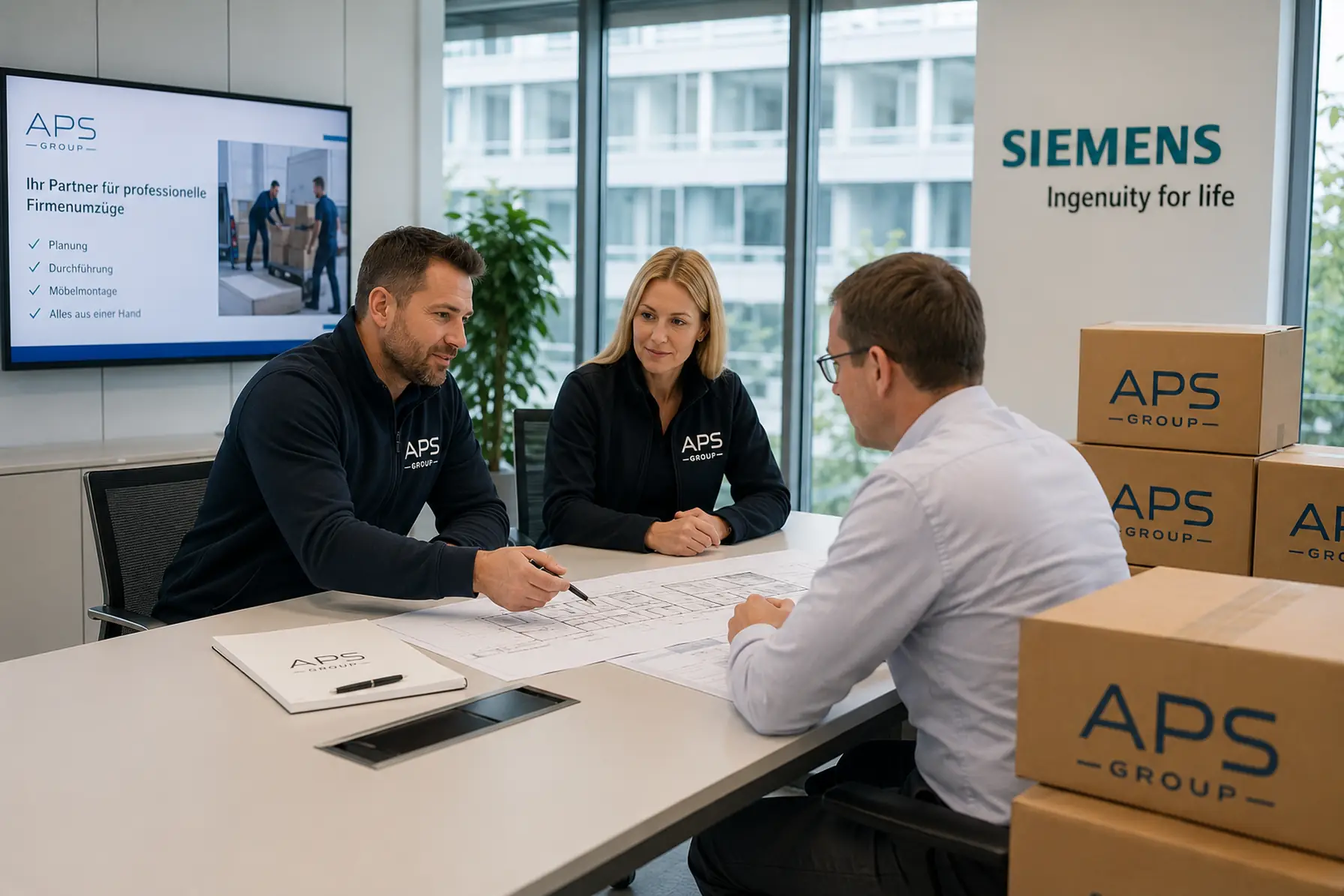 Firmenumzug planen mit APS Group Kundengespräch für Firmenumzug und Büroumzug mit professioneller Planung