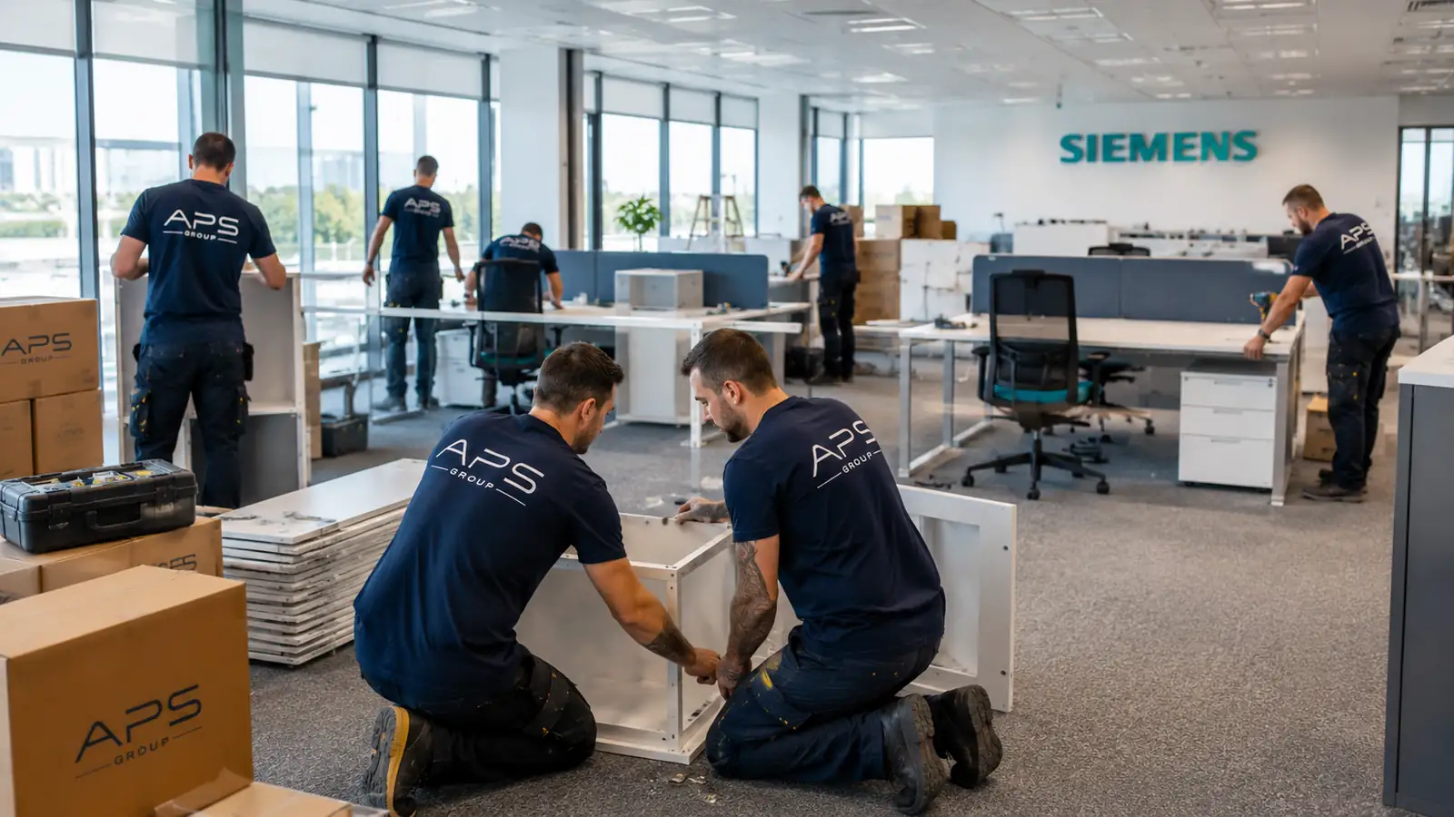 Möbelmontage in einem modernen Unternehmensbüro
