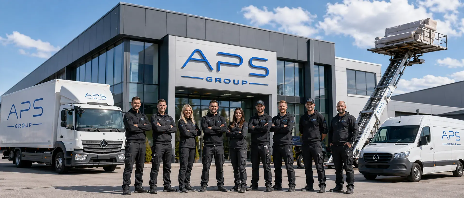 Firmenumzug mit der APS Group APS Group Umzugsservice vor einer Firmenzentrale